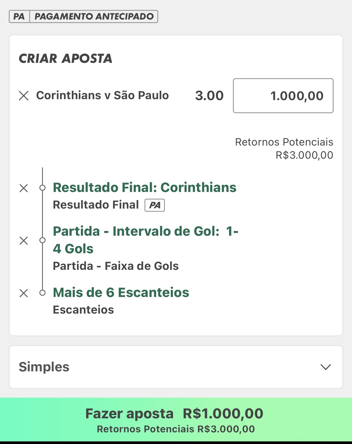 Aposta verde - Corinthians v São Paulo, R$1.000 investido, retorno potencial R$3.000